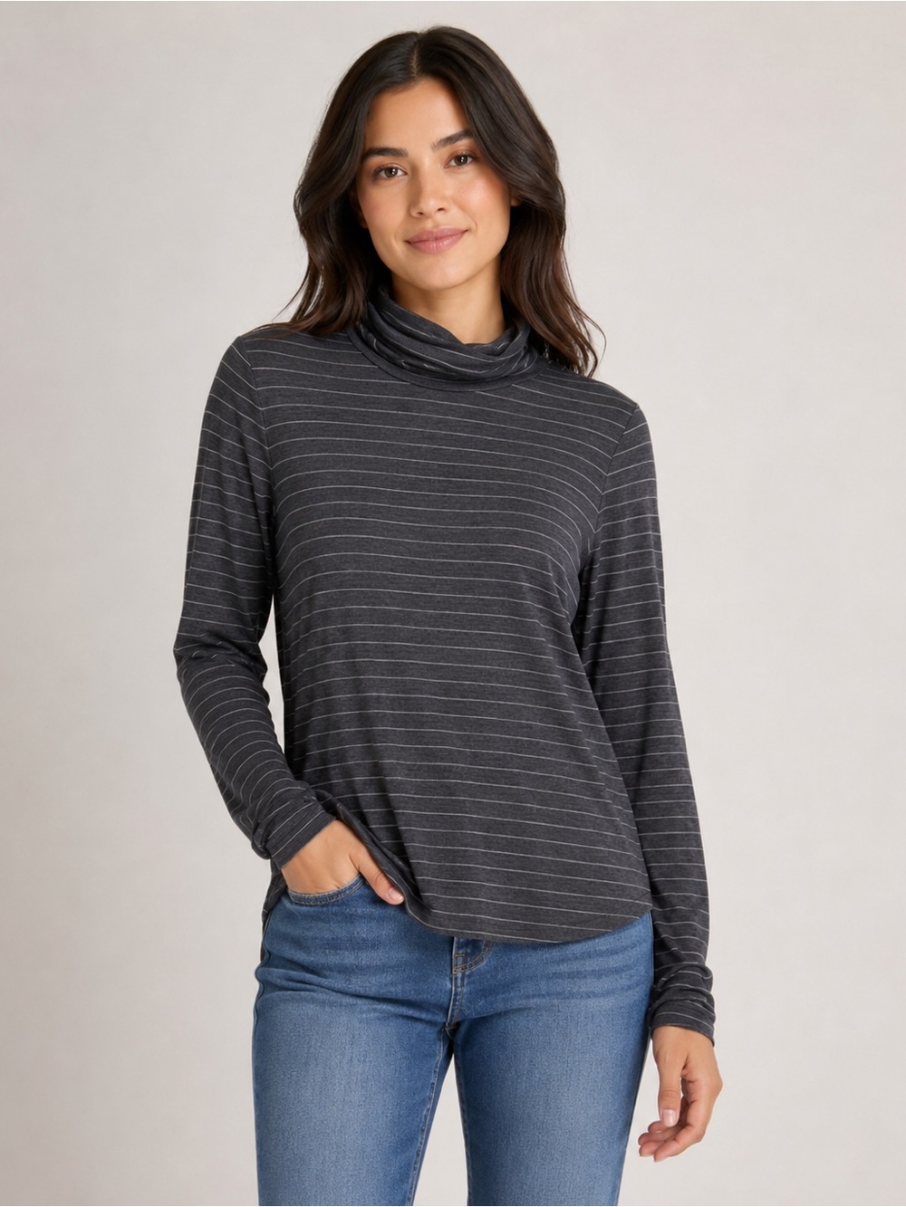 prAna Foundation Charcoal Stripe Turtleneck Top Women’s Large 95% Lenzing Modal